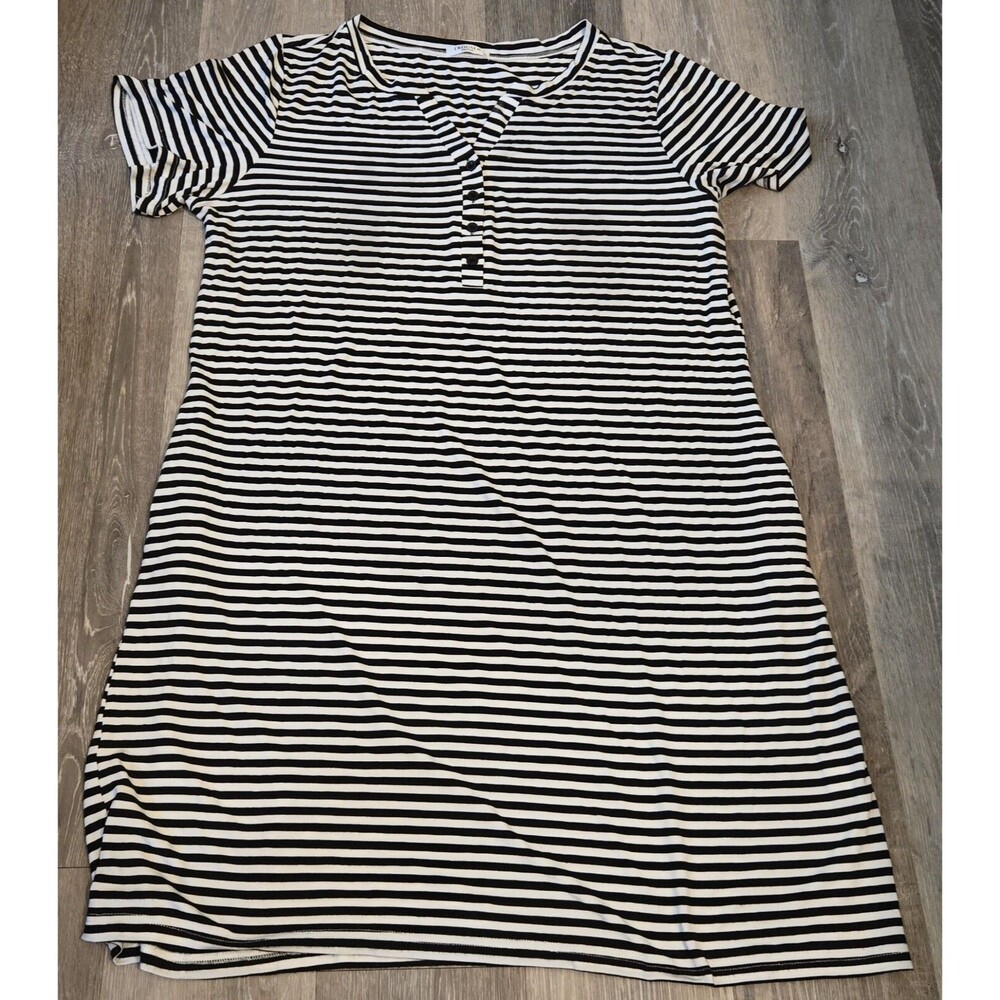 Ekouaer Dress Women XL Black White Stripe Stretch Knit 1/4 Button-Up House Dress